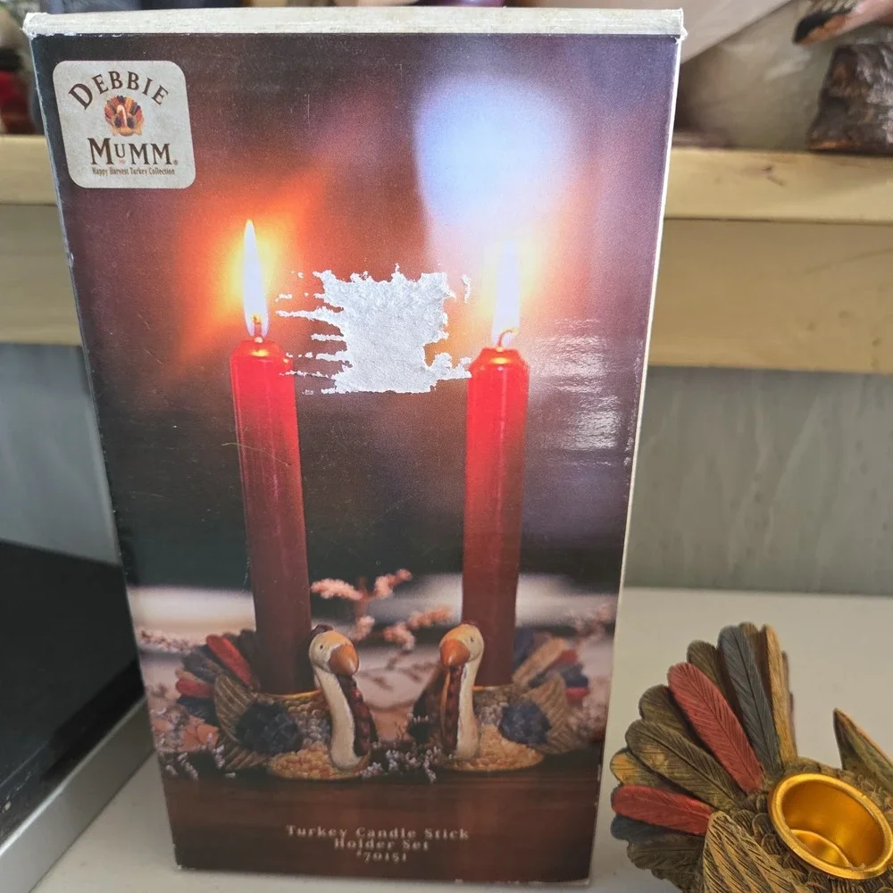 Set of 2 Debbie Mumm Turkey Candle Stick Holders Thanksgiving Fall Autumn Decor